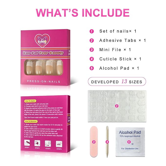 Fake Nails Medium Size Square Squoval Shape Predesigned Press on Nail (Nude French Nails)