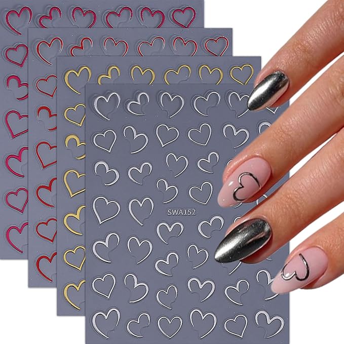 4 Sheets Valentines Nail Stickers for Nail Art 3D Self-Adhesive Gold Silvery Heart Nail Art Stickers Rose Red Holiday Nail Decals Romantic Heart Line Nail Art Supplies Design for Women Girls