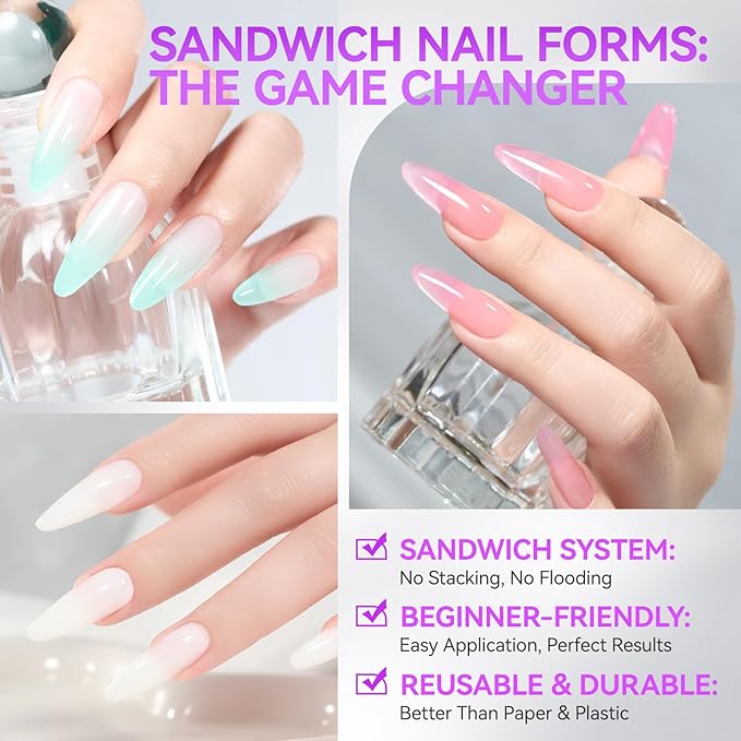 Salon-Perfect Sandwich Nail Forms at Home: Gelike EC Sandwich Dual Forms for Builder Gel - 2026 Nail Extension Mold No Gel Stacking - 240Pcs 15 Sizes for DIY Extensions Art - Almond Round