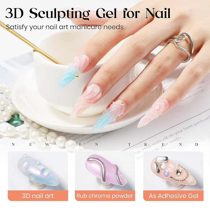 MIZHSE 3D Painting Gel and Rhinestone Glue for Nails, Clear 3D Nail Gel 3D Sculpting Gels U V LED Nail Charm Glue Salon Art Home DIY