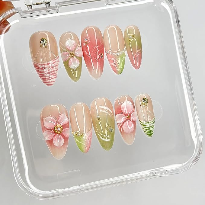 Luxury Press on Nails Medium Almond French Tip Handmade 3D Unique Reusable ABS Material Fake Nails Pink&Green False Nails with Designs Floral Art Petal Glossy Glue on Nails Thick Acrylic Nails(M)