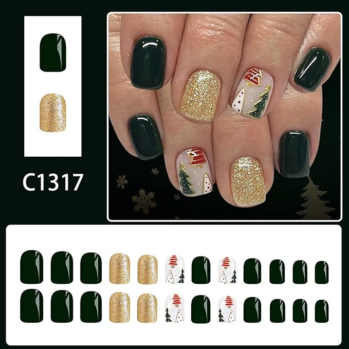 Christmas Press on Nails Short Square Fake Nail with Christmas Tree Designs Green Xmas False Nails Gold Glitter Full Cover Winter Stick on Nail for Women 24 Pcs