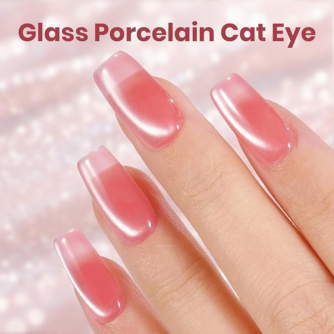 Beetles Rosy Shimmer Pink Cat Eye Gel Nail Polish - 15ML Glass Pink Glitter Cat Eye Spring Gel Polish Magnetic Shimmer Effect Soak Off UV Nail Art Design Salon DIY Manicure Gift for Women