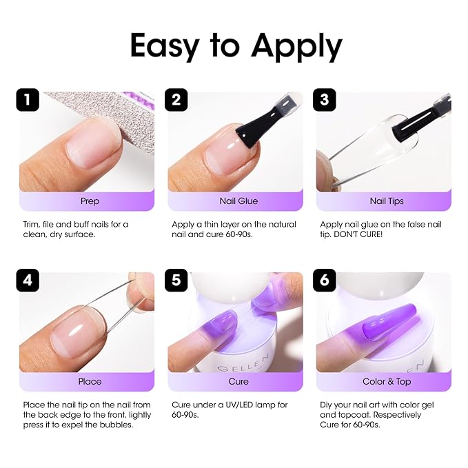 Gellen Nail Glue Gel & No Wipe Top Coat, 5 in 1 UV Nail Glue for Acrylic Nails, High Shiny Top Coat Gel, Curing Needed Extend Gel for False Tips & Clear Press on Nails, Home Salon DIY Manicure