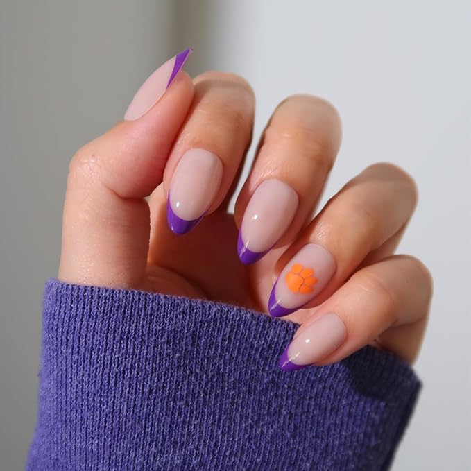 Glamnetic x Fanatics Press On Nails - Clemson Tigers | Short Almond Fake Nails, Collegiate Tiger Purple French Tips, College Nails, Salon-Quality | 15 Sizes - 30 Nail Kit with Glue