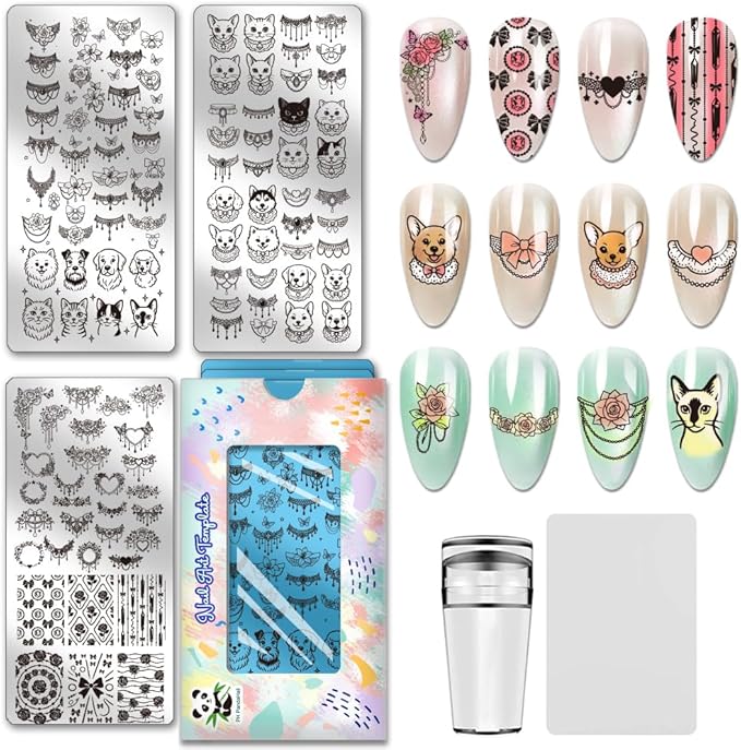 PH PandaHall 3pcs Dog Cat Nail Stamping Plates, Vintage Animal Collar Nail Art Templates Bowknot Heart Flower Stainless Steel Image Plate Art Stencils with Tool for DIY Print Manicures Salon Design