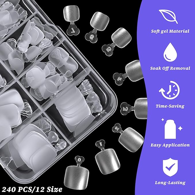 240pc Fake Toenails Full Cover Cover Gel Toe Nail Tips Clear Press on Toenail, Short Square Fake Toes Nails Tips Matte Gel Toenails Extrension False Toe Nail Feet Artificial Toenail Tip