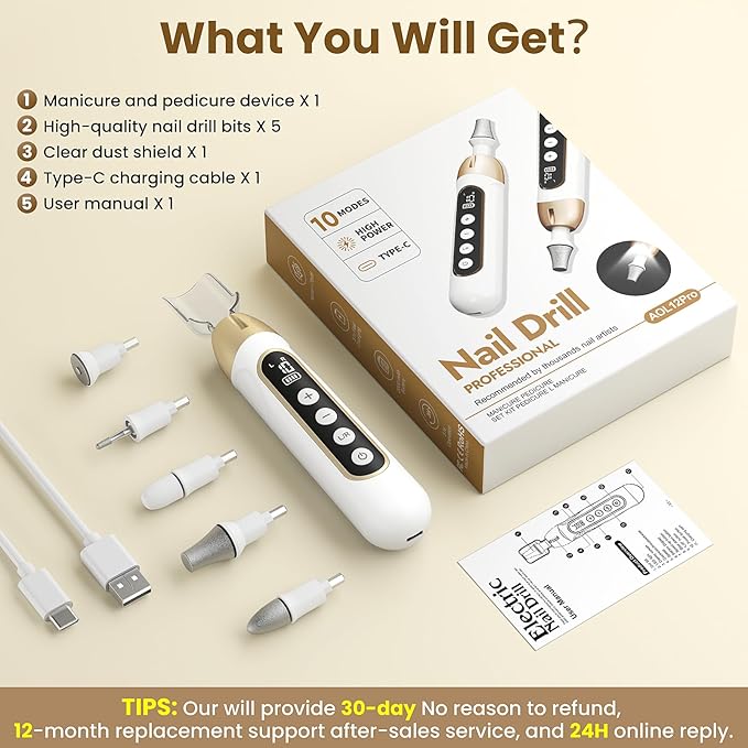 Nail Drill, Electric Nail File & 10-Speed Cordless Nail File, 10 in 1 Kit for Thick Toenails, 2000mAh Rechargeable Portable Manicure Pedicure Kit with LED Display Ideal Gift for Men & Women(Gold)