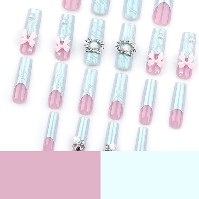 RTKHFZE Long Press on Nails Square Shape Fake Nails with 3D Swirl and Bow Design False Nails,French Tip Glue on Nails Gift for Holiday/Christmas Day/Daughter/Party/Valentine'S Day