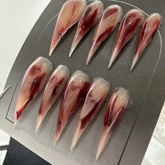 Halloween Claw Press on Nails Long Stiletto Fake Nails Dark Red Gothic Design Stick on Nails Horror Vampire False Nails Reusable Full Cover Acrylic Glue on Nail for Women Nail