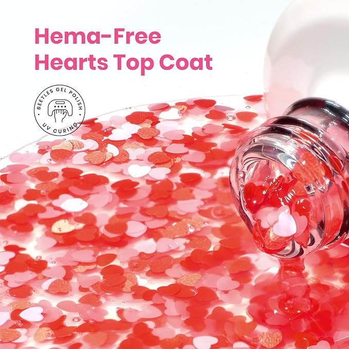 Beetles Spring Limited Heart Gel Top Coat 15ml - Hema Free Glitter Shine No Wipe Top Coat Long-Lasting for Gel Polish, Pink Heart Sparkle Soak Off UV LED Gift for Women