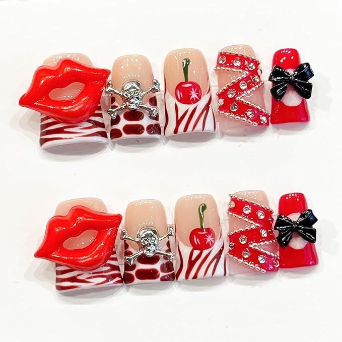 10Pcs Valentines Short Square Press on Nails Handmade Fake Nails French Red Lips Silver Skull Black Bow Design Valentine Full Cover Glue on Nails for Women
