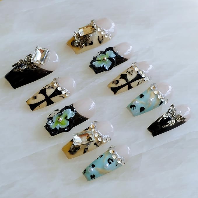 Press On Nails, Long Ballerina Style with 3D Flowers and Crystals, Black and Yellow Design, Handmade False Nail 10 Pieces (Medium,LB)