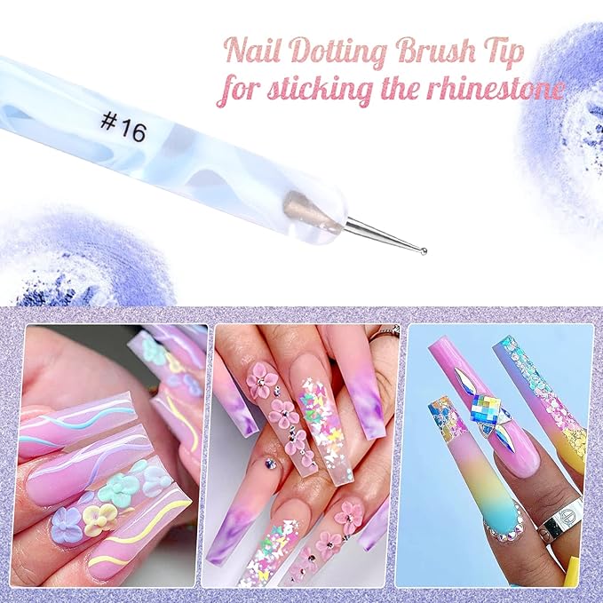 French Manicure Brush - Two Way Nail Art Brush with Dotting Manicure Tool - Professional Salon Quality, Nail Dotting Pen (16#, Blue)