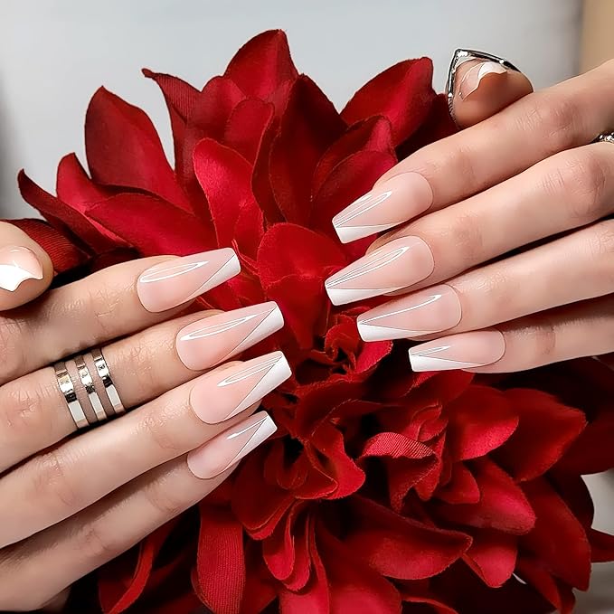 Hypnaughty 24 Pcs Paris Classy French Coffin Press On Nails with Design and Glue Medium Long Fake Nails Nude Pink and White Asymmetrical French Tip Glue On Nails Full Cover (Paris)