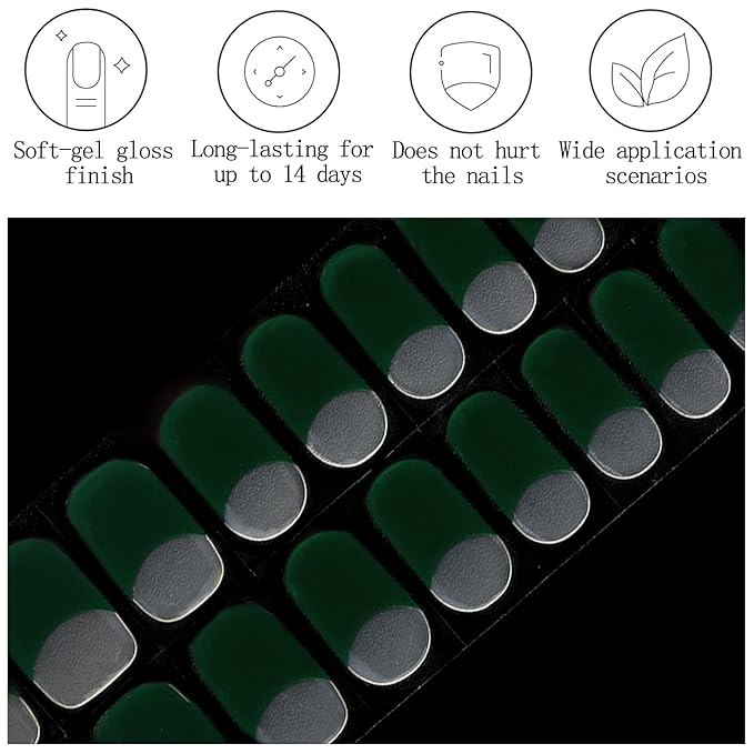 Dark Green Semi Cured Gel Nail Strips French Tip 20Pcs Clear UV Gel Nail Stickers Glossy Nails Polish Strips UV/LED Light Needed Self Adhesive Full Polish Nails Wraps for Women