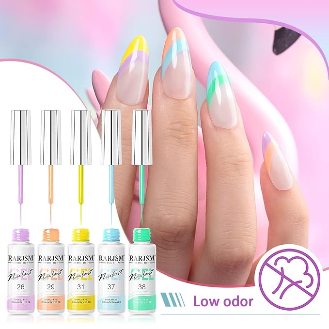 RARJSM Nail Art Gel Liner 24 Color Line Art Painted Gel Nail Polish Set Pink Blue Green Silver Gold Glitter for Nails Painting Drawing Soak Off U V L E D Curing Requires Bulid in Thin Nailart Brush