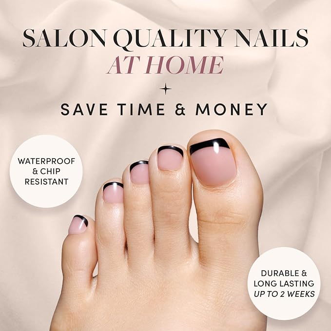 Glamnetic Press On Toenails - Caviar | Classic Black French Tip Fake Toe Nails with a Glossy Finish | 16 Sizes - 32 Toe Nail Kit with Glue