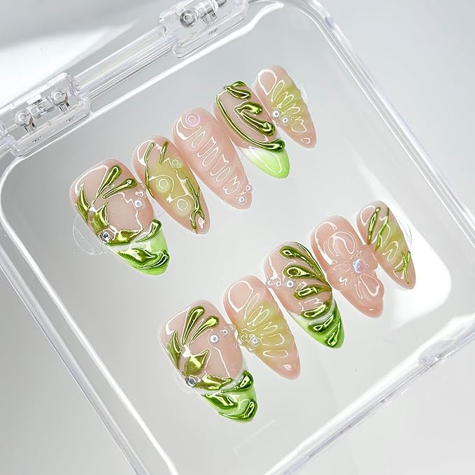 Luxury Press On Nails Medium Almond Handmade 3D Unique Reusable ABS Material False Nails Green with Designs Pearls Floral Art Petal Glossy Glue on Nails Thick Acrylic Nails (10 Pieces, 1 Set)