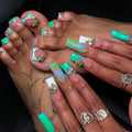 48Pcs Ombre Green French Tips Press on Toenails Long Square Press on Nails Gradient Blue False Nails with 3D Cherry Charm Design Glossy Skin Tones Summer Fake Toenails Kit for Women Girls Manicure