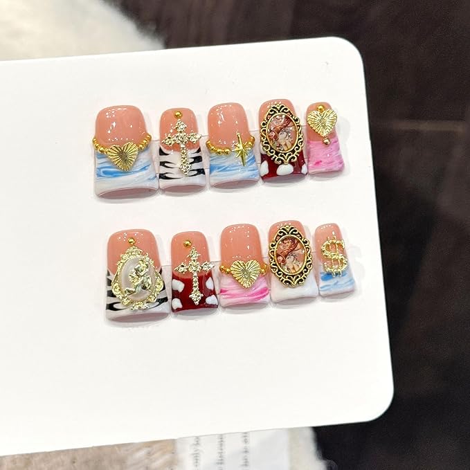 Medium Duck Handmade Unique Fake Nails French Tip False Nails Luxury Gold Charms Designs Valentine's Day Press on Nails for women 10Pcs