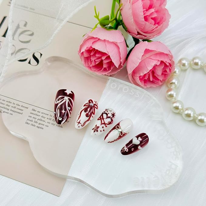 30pcs Valentines Press on Nails Medium Almond Fake Nails Heart Bow Star False Nails with 3d Pearl Rhinestones Designs Glue on Nails Red Cherry Full Cover Artificial Stick on Nail Decoration for Women