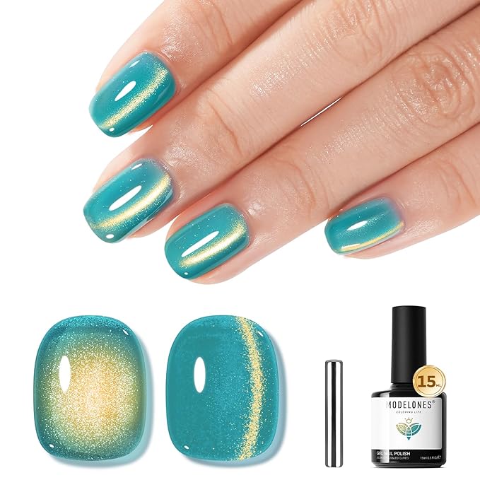 modelones 9D Magnetic Cat Eye Gel Nail Polish Green Holographic Mint Blue Golden Shimmer, 15ML UV LED Soak Off Gel Nail Art Manicure 15ML