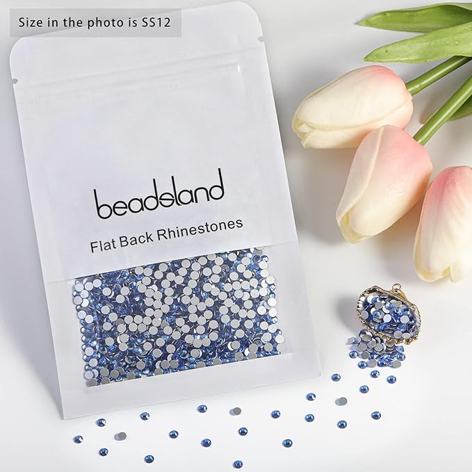 Beadsland Flat Back Crystal Rhinestones Round Gems for Nail Art and Craft Glue Fix, Light Blue, 3.0-3.2mm, SS12/1440pcs