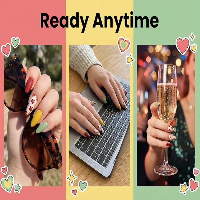 24 Pcs Press on Nails Almond Short Fake Nails Multiple Color Glossy Full Cover with Floral Designs Glue on Nails Reusable Acrylic Nails Removable Stick on Nails for Women Girls