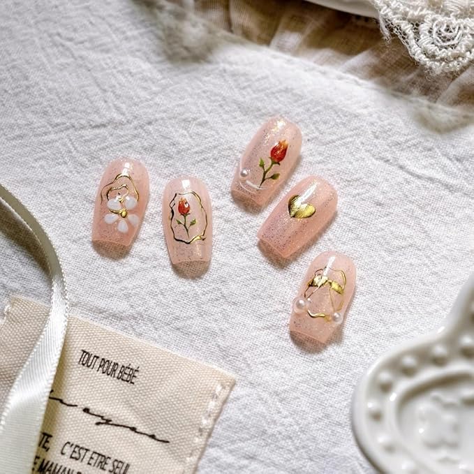 Flower Nail Stickers 3D Self Adhesive Tulip Floral Nail Art Stickers 5D Embossed Pearl Hearts Nail Decals Gold Lines Nail Art Supplies Cute Nail Design for Women Girls 1 Sheets