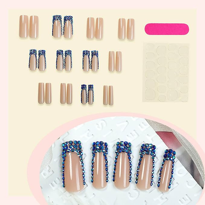 24Pcs Press on Nails Long Square Blue French Tip Fake Nails Rhinestones Full Cover Nails Press ons Glue on Nails with Designs Acrylic Nails Glossy Artificial Nails for Women Manicure