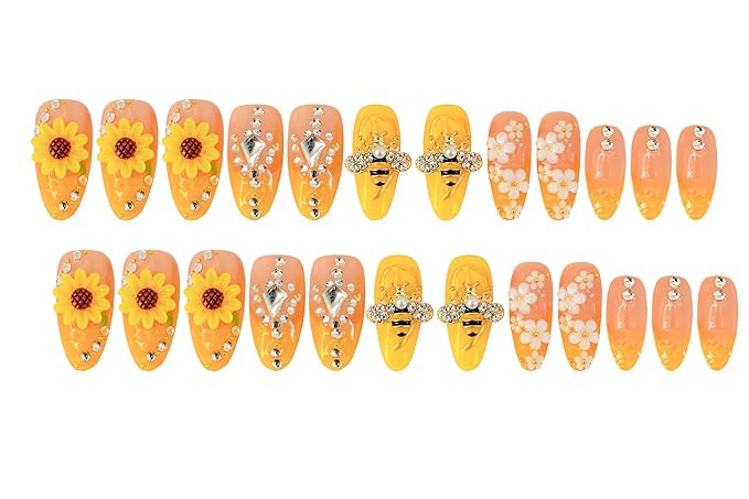 24Pcs Handmade Press on Nails,3D Sunflower Medium Length Almond Shape Fake Nails with Full Covered White Flowers,Cute Manicure Kit for Women and Girls
