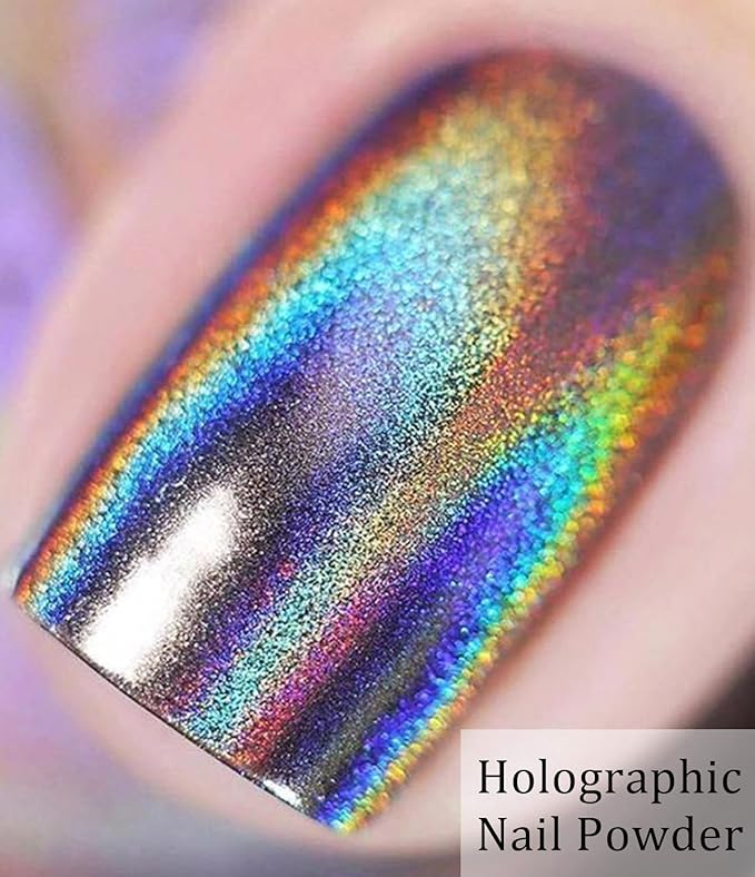 Gold Chrome Nail Powder - Sparkly Laser Holographic Nail Powder Metallic Mirror Effect Ice Blue Nail Chrome POwder, White Pearl Pigment Holo Iridescent Glitter Dust Kit, Nail Art Decoration