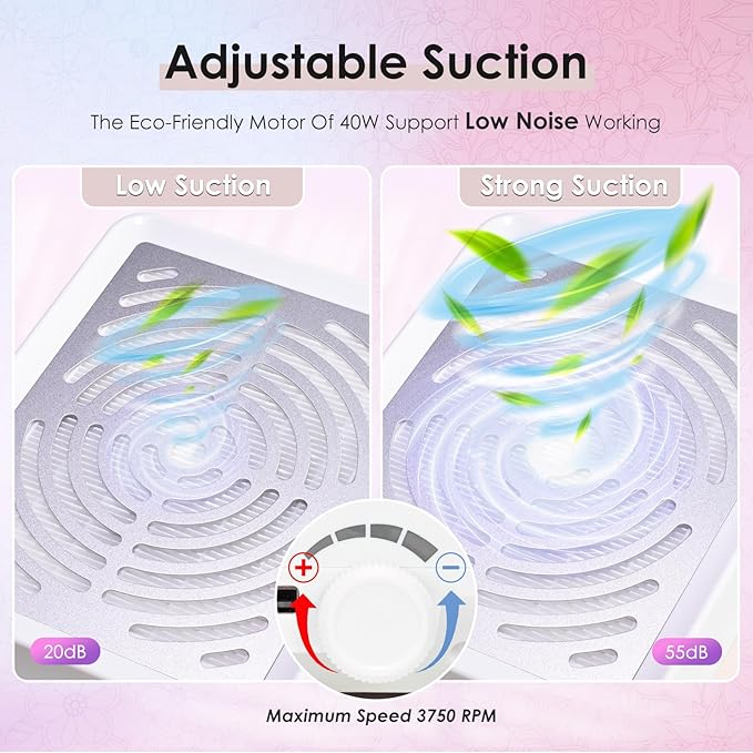 Nail Dust Collector with Lamp&50pcs Disposable Filter&Dusting Brush, Electric Nail Vacuum Cleaner Dust Fan Suction Machine for Manicure Acrylic Gel Nails Polishing, Low Noise,Salon Home