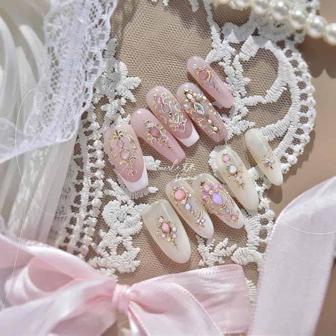 Gold Nail Stickers Pink Nail Art Stickers 3D Self-Adhesive Golden Truncheon Nail Designs Pink Blue Gemstone Nails Supplies 5D Embossed Shiny Totem Nails Art Decoration for Women DIY 1 Sheet