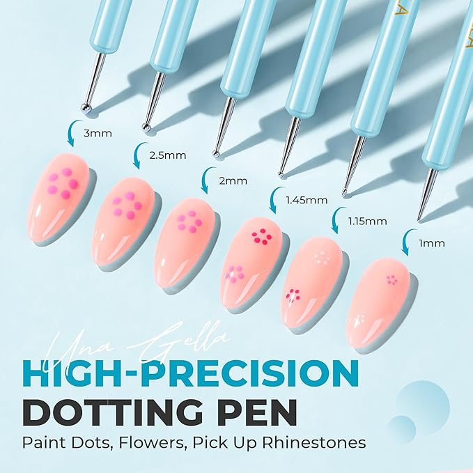 UNA GELLA Nail Art Brushes 6PCS Blue Color Nail Art Design Set with Nail Polish Extensions Gel Brush Christmas Liner Builder Nail Gel Pens Multi-Size Dotting Tools for DIY Home Salon Manicure Design