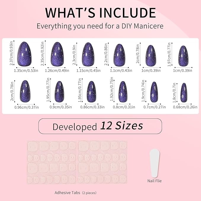 Dark Green Almond Cat Eyes Press On Nails,12 Sizes - 24 Pcs Soft Gel Green Medium Fake Nails Kit with Nail Glue, Natural Reusable Stick On False Nails for Women and Girls SK1010