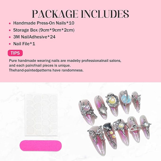 Handmade Press on Nails Long Luxury Reusable Almond Fake Nails with Metallic Butterfly Design 3D Luxury Pink Ombre Acrylic Nails Press Ons Y2k False Nails for Women DIY 10Pcs(Size M)