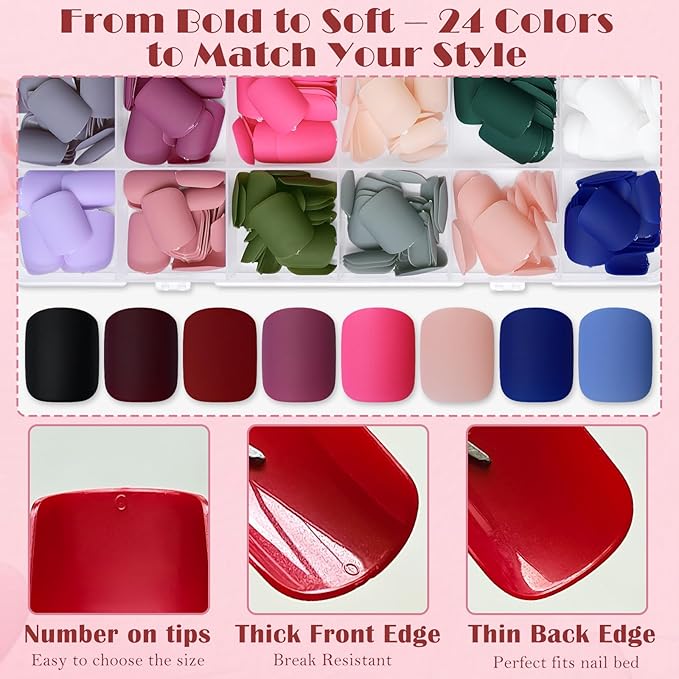 AddFavor Press on Nails Short Square Fake Nails, 576pcs 24 Colors Square Press on Nails Full Cover Acrylic Nail Press ons, Matte False Nail Tips for Women Glue on Nail