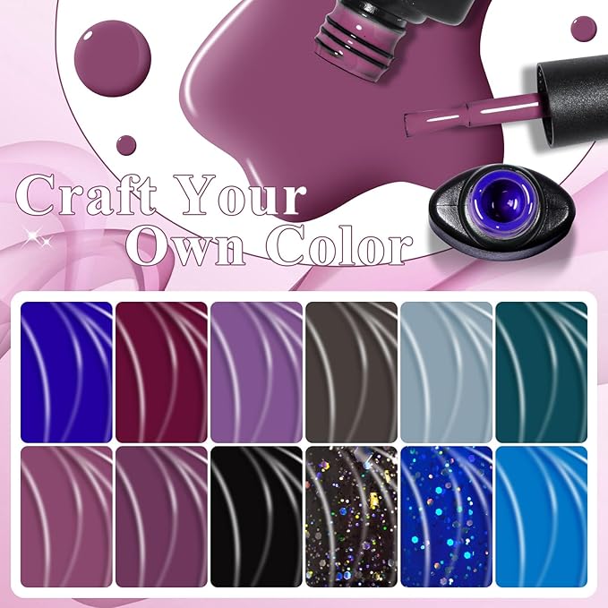 MTSSII Gel Nail Polish Set - 12 Colors Dark Purple, Blue, Navy, Dark Grey, Glitter, Red, Black Shimmer Gel Nail Gifts for Women, DIY Salon Home Manicure