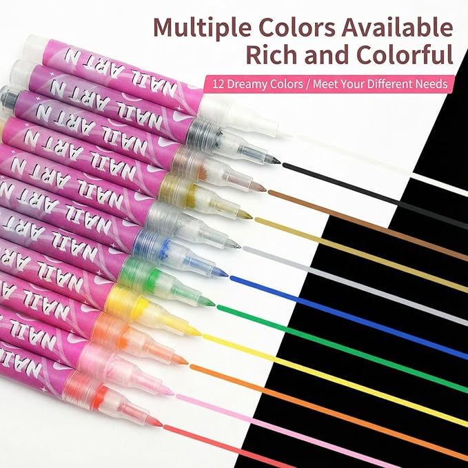 12 Colors Nail Art Pens Set, Fine Tip Nail Art Markers For 3D Drawing, Quick Dry Nail Polish Pens Kit For Women Girls DIY Manicure Nail Art Tools (0.7 mm)
