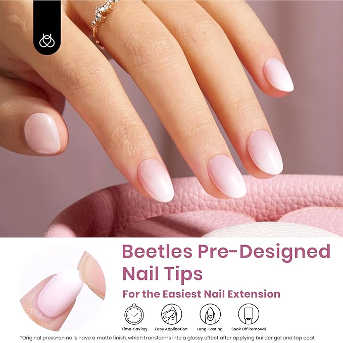 Beetles French Tip Press On Nails, 16 Sizes 224 Pcs Ombre Pink Extra Short Almond Press On Nails 4 In 1 Gel Nail Tips Pre-Applied Primer Base Soak Off Uv Nail Extension Gift for Women