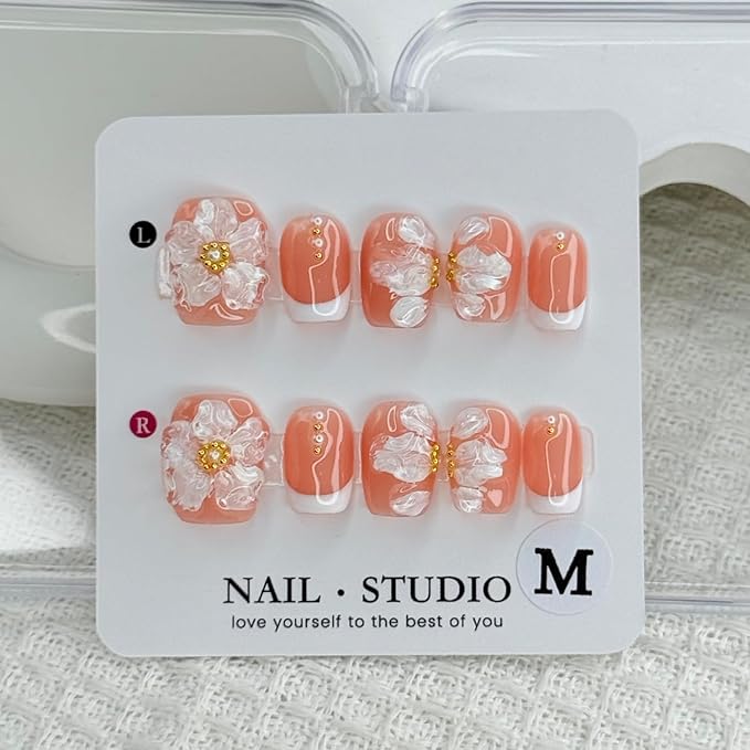 Handmade Press on Nails 3D Flower Embossed False Nails Short Square White French Acrylic Nails Reusable 3D Flower and Pearl for Girls Manicure Art Decoration Accessories (Size S)