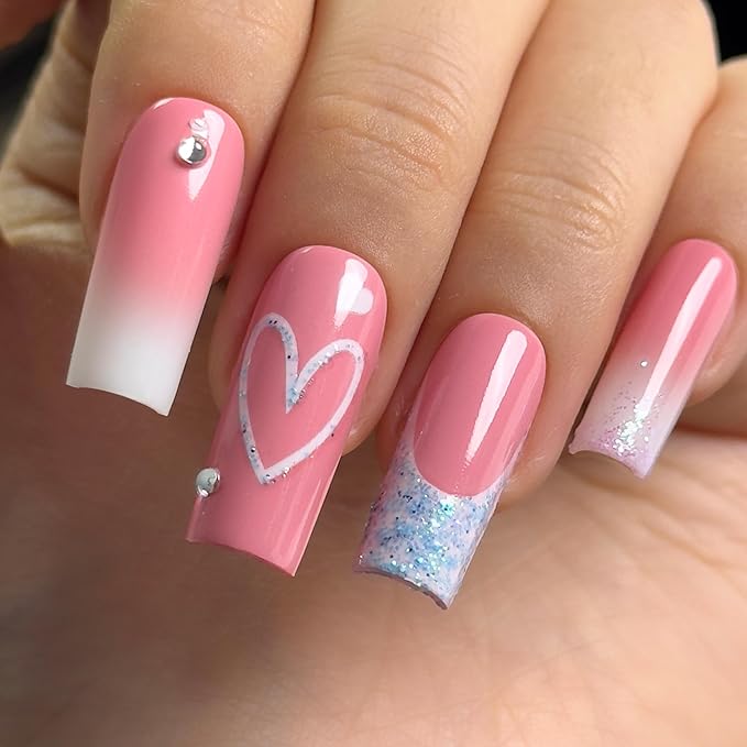 CurvLife Press On Nails – 30Pcs Soft Gel Fake Nails, Reusable Glue On Nail Kit with Adhesive Tabs, Natural Fit & Salon-Quality for Women & Girls (Sparkling Heart Ombre)