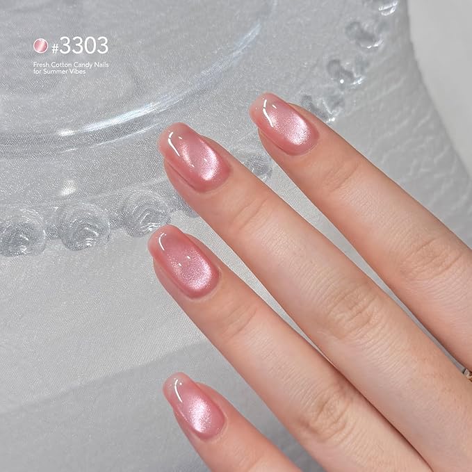 GAOY Pink Glassy Cat Eye Gel Nail Polish, 16ml Glitter Holographic Nail Polish with Magnet, Reflective Translucent UV Gel, 3303 Cotton Candy