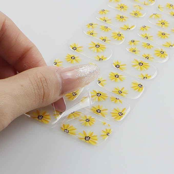 JMEOWIO Gel Nail Stickers Sunflower Daisy Flower Semi Cured Gel Nail Strips Wraps UV/LED Supplies Nails Art Design Decoration Accessories