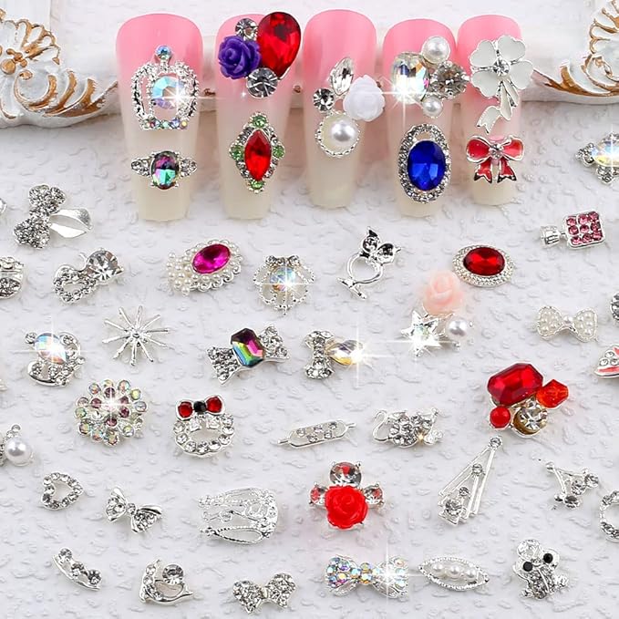 50pcs 3D Nail Charms for Acrylic Nails, Mix Styles Silver Rhinestones for Nails Metal Nail Jewels for Nail Art Charms for Nails Design Alloy Zircon Nail Rhinestones Pearl Nail Gems Women Nail Supplies