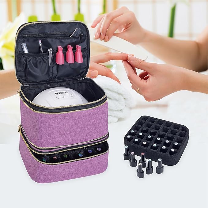 Nail Polish Organizer, Handheld Double Layer Nail Polish Storage with Adjustable Dividers, Holds 30 Bottles (15ml/0.5 fl.oz) for Nail Polish Lamp Manicure Tools and Essential Oil, Purple