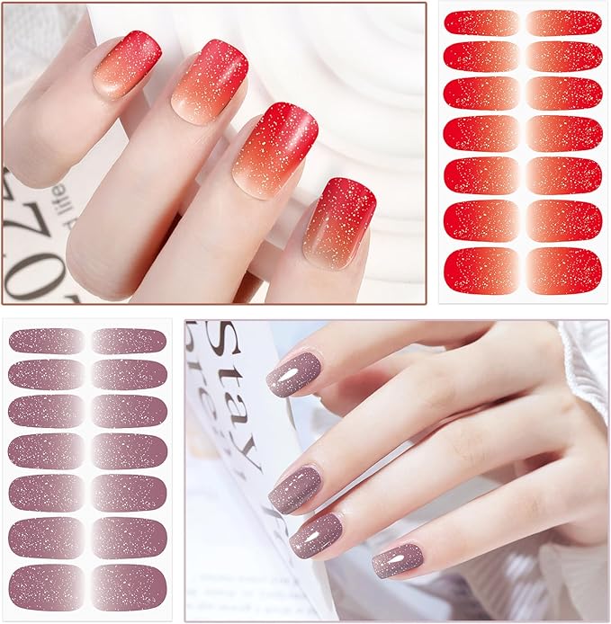 WOKOTO 20 Sheets Red Pink Series Nail Polish Strips For Nails, Ombre Gradient Design Nail Polish Stickers With File, Multi-Color Stick On Nails Stickers Full Nail Wraps Gel Nail Strips Sheets
