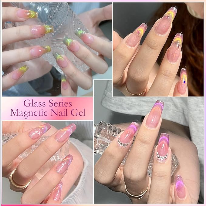 MTSSII Cat Eye Gel Nail Polish Glass Series Magnetic Nail Gel Rainbow Jelly Cateye Pink Purple Translucent UV/LED Nail Polish Nail Art Gifts Set for Women